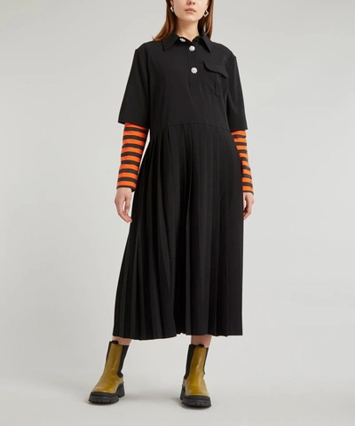 Shop Ganni Short-sleeve Pleated Shirt-dress In Black