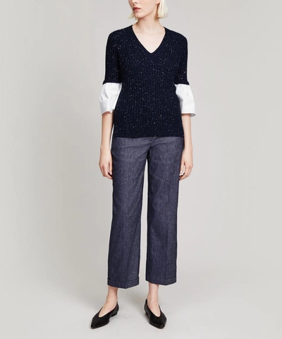 Shop Piazza Sempione Contrast Sleeves Cotton Knit In Navy
