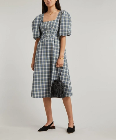 Shop Alexa Chung Puff-sleeve Gingham Corset Dress In Wash Green