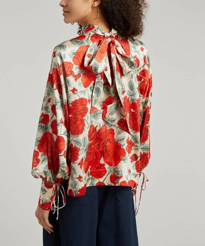 Shop Ganni Rose Print Satin Blouse In Brazilian Sand