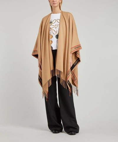 Shop Alexander Mcqueen Fringed Logo Trim Wool-blend Cape In Camel