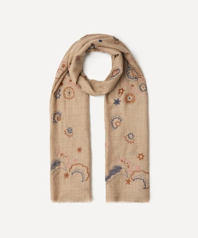 Shop Lily And Lionel Mystical Swan Embroidered Wool-blend Scarf In Oat