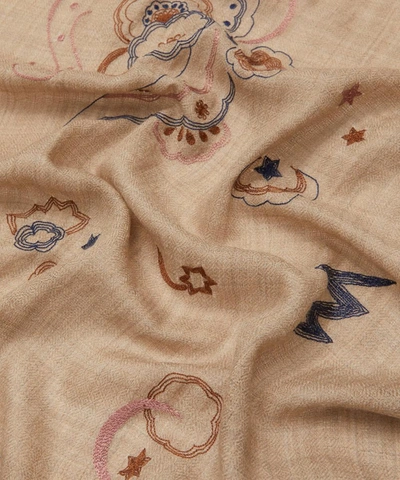 Shop Lily And Lionel Mystical Swan Embroidered Wool-blend Scarf In Oat