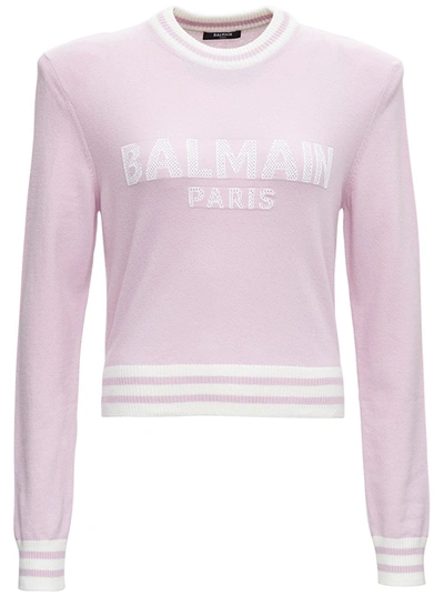 Balmain Logo Wool Blend Knit Cropped Sweater In Pink ModeSens