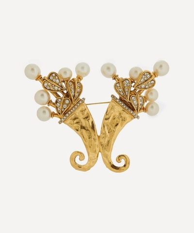 Shop Designer Vintage 1980s Chanel Faux Pearl And Diamond Cornucopia Brooch In Gold