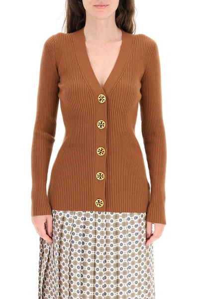 Tory Burch Simone Ribbed Merino Wool-blend Cardigan In Brown | ModeSens