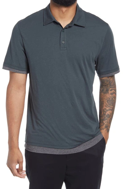 Shop Vince Double Layer Polo In Evergreen/ Med H Grey