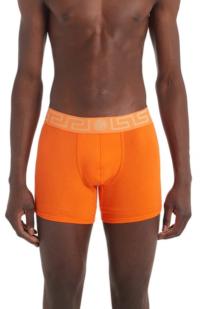 Shop Versace First Line Long Stretch Cotton Trunks In Orange/ Orange/ Gold