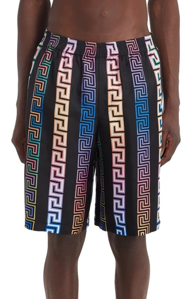 Shop Versace Neon Greca Print Silk Shorts In Multi