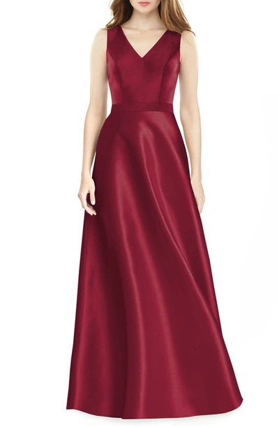Shop Alfred Sung V-neck Satin Twill A-line Gown In Burgundy