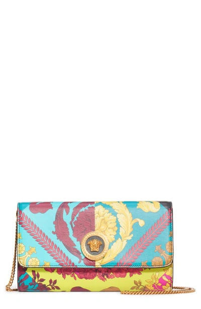 Shop Versace First Line Voyage Barocco Print Wallet On A Chain In Multi/ Oro Tribute