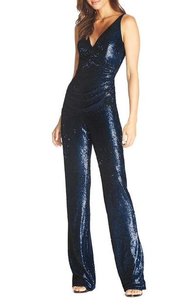 Shop Dress The Population Ruched Detail Sequin Jumpsuit In Night Sky