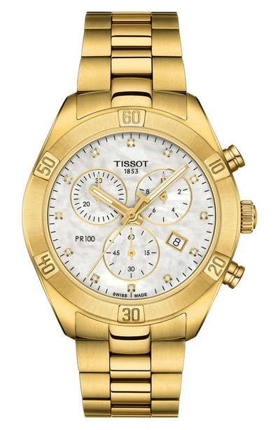 Shop Tissot Pr 100 Classic Chronograph Bracelet Watch, 38mm In Gold/ White Mop/ Gold