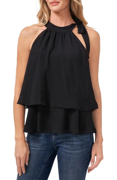 Cece Shoulder Bow Tiered Ruffle Crinkle Chiffon Blouse In Rich Black  ModeSens