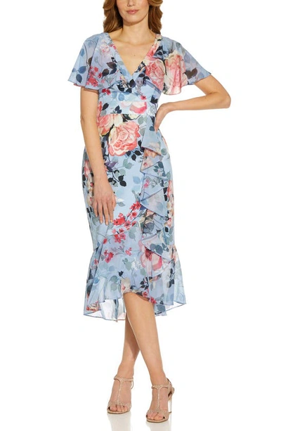 Shop Adrianna Papell Floral Wrap Front Ruffle Midi Dress In Blue Multi