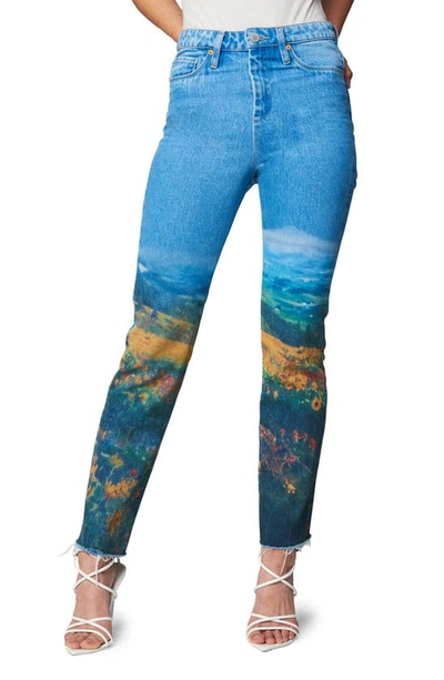 Shop Blanknyc Madison Digital Print High Waist Raw Hem Ankle Jeans In Throwback