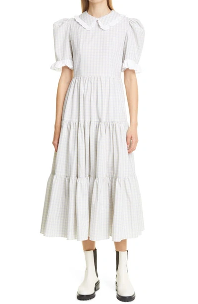 Shop Batsheva Lucy Check Tiered Midi Dress In Grey Scotch Tartan / White