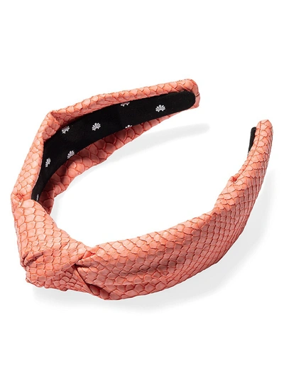 Shop Lele Sadoughi Python-embossed Faux-leather Knotted Headband In Coral