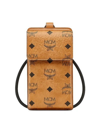 Shop Mcm Men's Monogram Phone Lanyard In Cognac