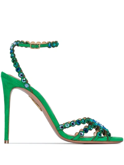 Aquazzura Tequila 105 Crystal-embellished Suede Sandals In 绿色