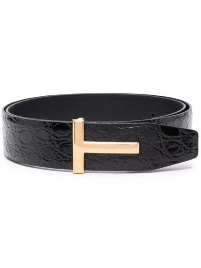 Shop Tom Ford Logo-buckle Crocodile-effect Belt In 黑色