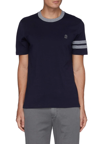 Shop Brunello Cucinelli Double Bar Logo Embroidered Cotton T-shirt In Blue