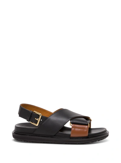 Shop Marni Crossed Sandals In Bicolor Leather In Black