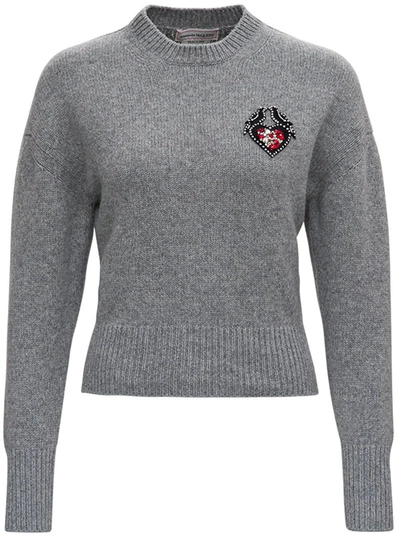 Shop Alexander Mcqueen Grey Wool Sweater With Love Birds Patch