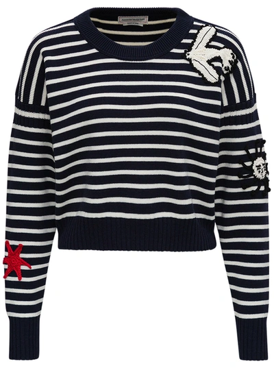 Shop Alexander Mcqueen Striped Sweater With Patch Details In Blu