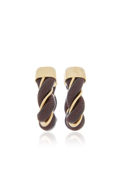 Shop Bottega Veneta Twist Triangle Leather-trimmed 18k Gold-plated Earrings In Brown