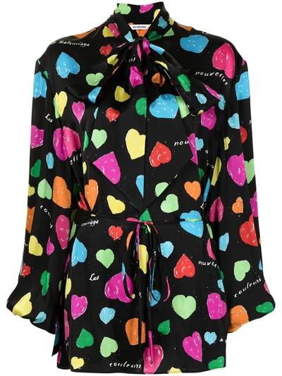 Shop Balenciaga Archive Hearts-print Blouse In Schwarz