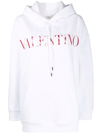 Shop Valentino Logo-print Lace-panel Hoodie In Weiss