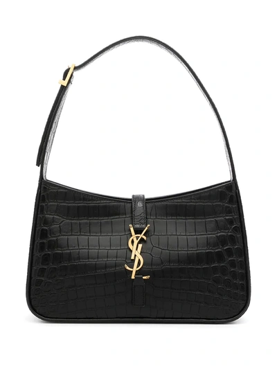 Shop Saint Laurent 5a7 Crocodile-effect Shoulder Bag In Black