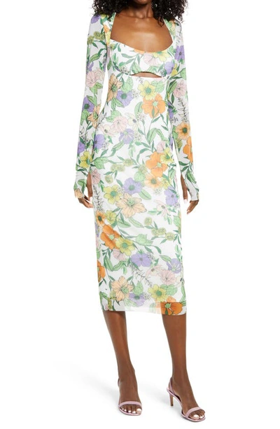 Shop Afrm Kellen Cutout Long Sleeve Mesh Midi Dress In Vintage Floral