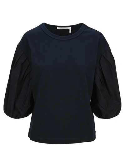 Shop See By Chloé Cotton Puff-sleeve T-shirt In Navy