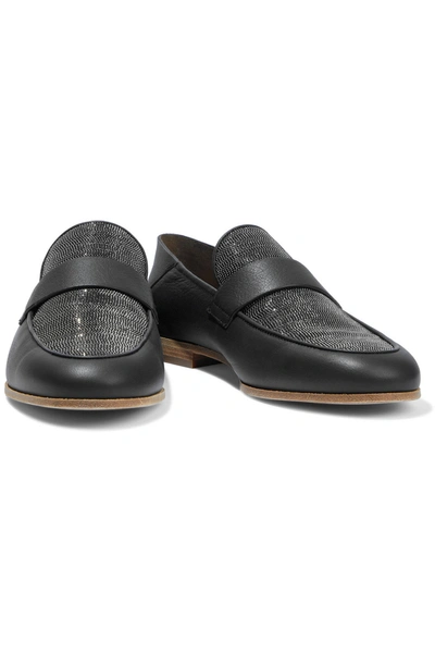 Shop Brunello Cucinelli Bead-embellished Leather Collapsible-heel Loafers In Black