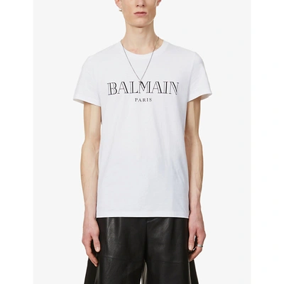 Shop Balmain Mens White Black Paris Brand-print Cotton-jersey T-shirt Xs