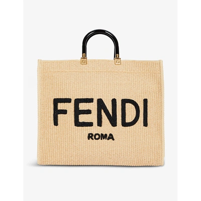 Shop Fendi Sunshine Logo-embroidered Raffia Woven Tote Bag In Natural