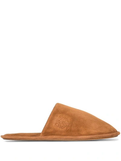 Shop Loewe Embroidered Anagram Slippers In Brown