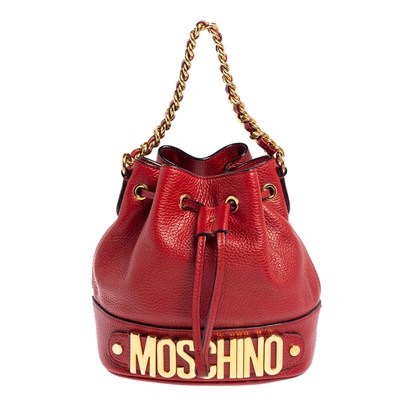 Pre-owned Moschino Red Leather Logo Drawstring Bucket Bag