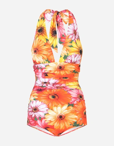 Shop Dolce & Gabbana One-piece Swimsuit With Plunging Neckline And Gerbera-daisy Print In Multicolor