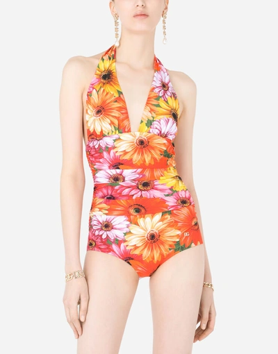 Shop Dolce & Gabbana One-piece Swimsuit With Plunging Neckline And Gerbera-daisy Print In Multicolor