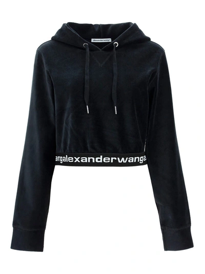 Shop Alexander Wang Velvet Cropped Hoodie In Black