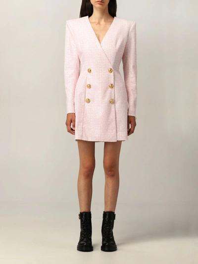 Shop Balmain Dress Double-breasted  Dress With Monogram In Pink