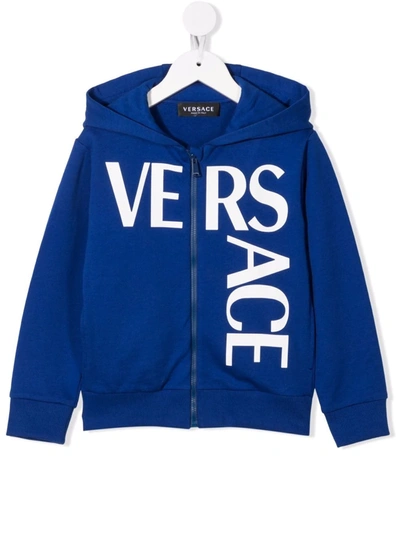 Shop Versace Logo Zipped Hoodie In Blue