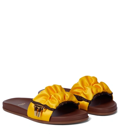 Shop Fendi Ff Satin Slides In Yellow
