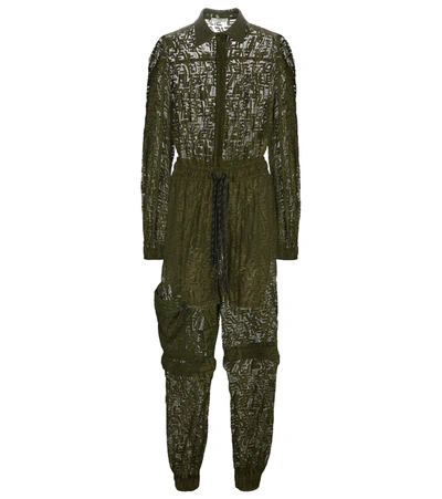 Shop Fendi Logo Lace And Mesh Cargo Jumpsuit In Green