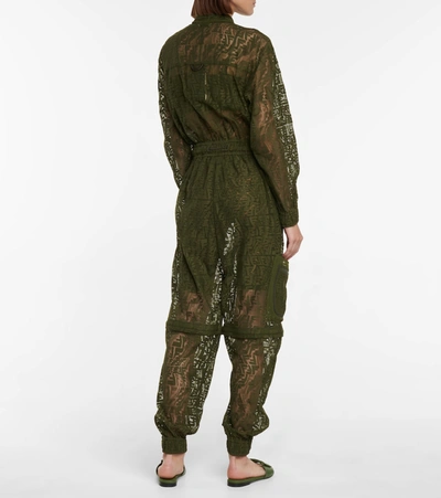 Shop Fendi Logo Lace And Mesh Cargo Jumpsuit In Green