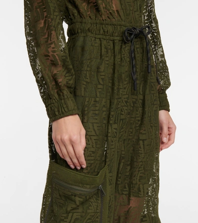 Shop Fendi Logo Lace And Mesh Cargo Jumpsuit In Green