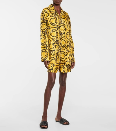 Shop Versace Printed Silk Pajama Shirt In Gold